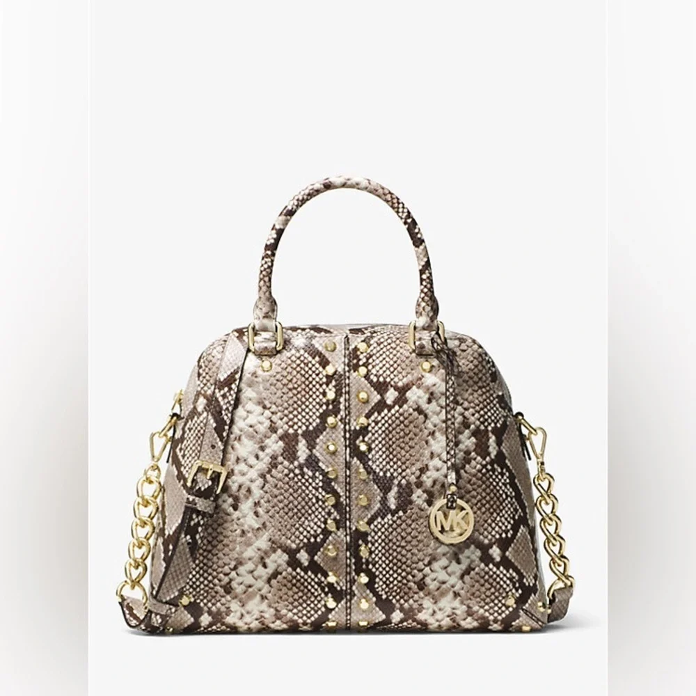 Michael Kors Astor Studded Snake-Embossed Leather Satchel handbag